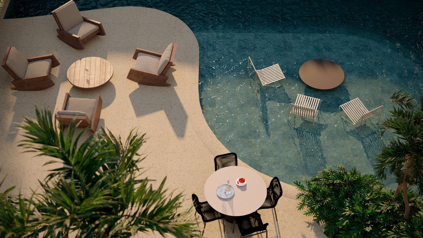 O desenho da piscina do Casa Jobim é surpreendente