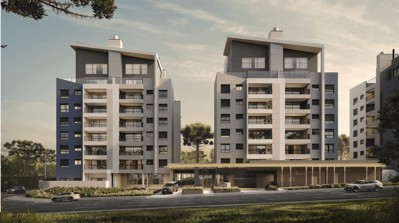 Fachada moderna do empreendimento Hytte no Ecoville em um dos bairros mais arborizados da cidade